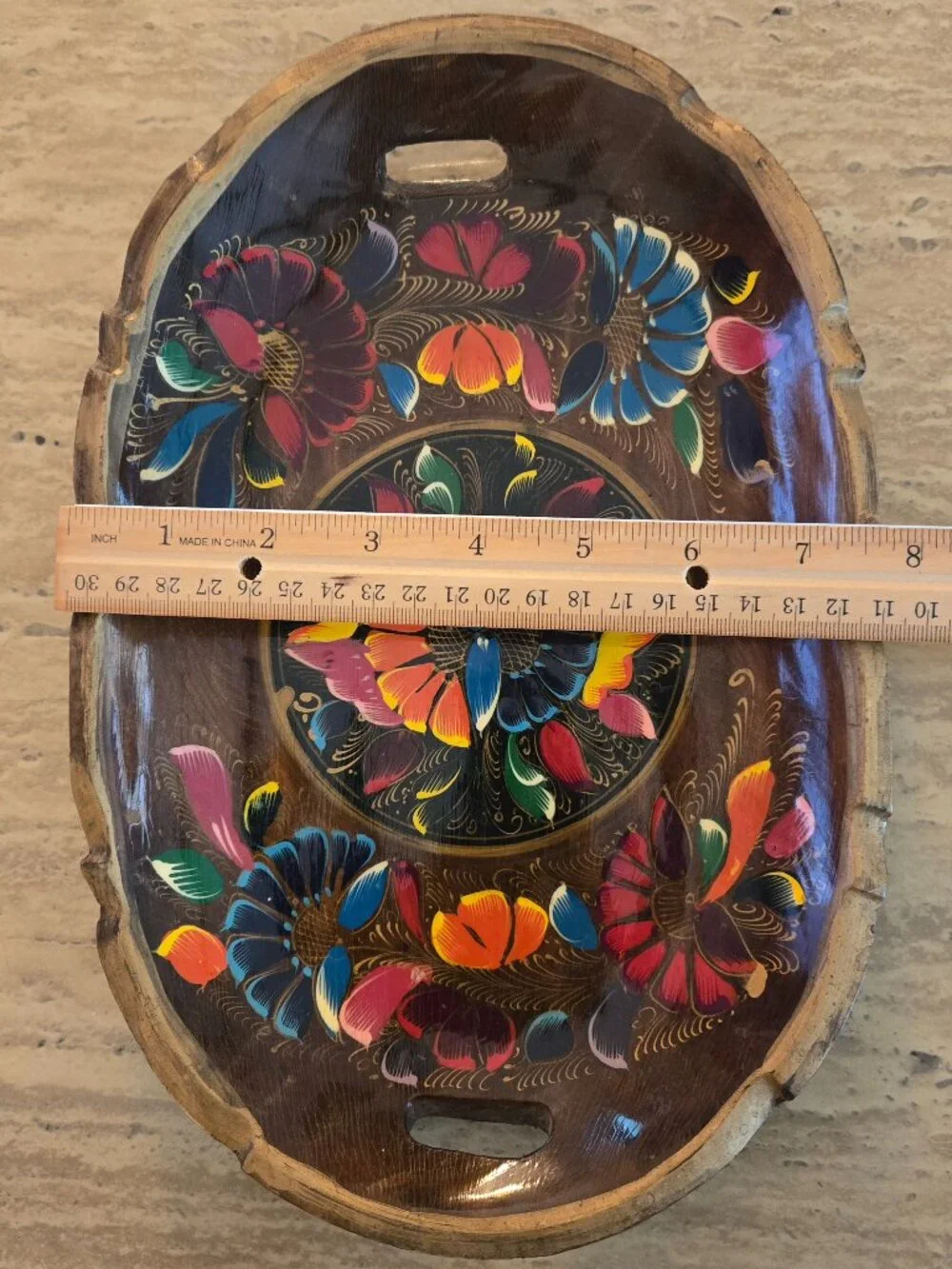 Hand Painted Mexican Folk Art Wood Oval Bowl/Tray Floral Design 11.5”x7.75